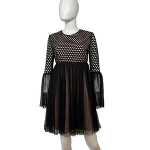 Nha Khanh Black Bell Sleeve Pleated Tulle Skirt A Line Dress Sz 4